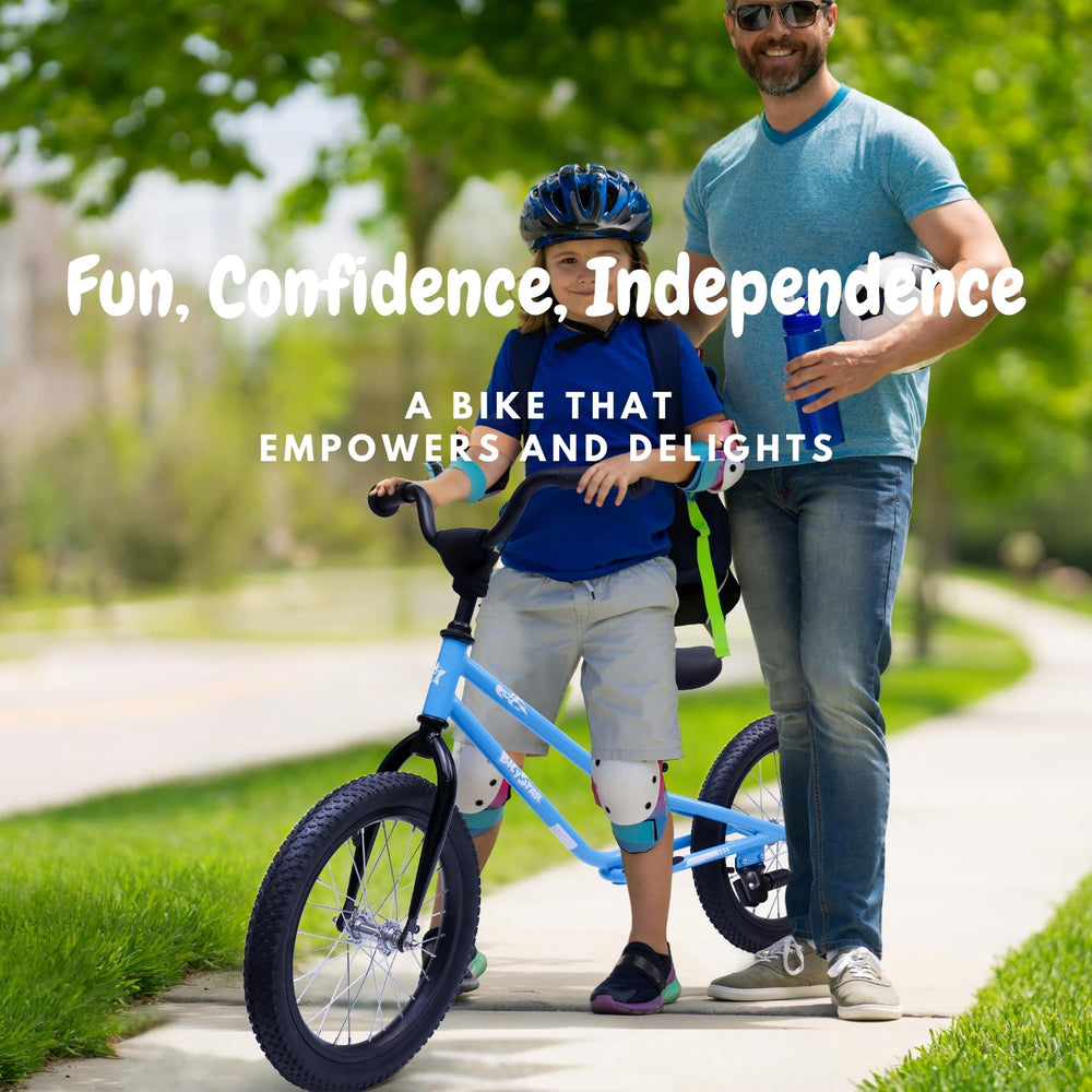 Bicystar child on grass riding balance bike confidently