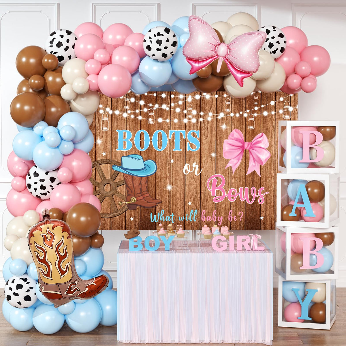 BIENAN Boots or Bows backdrop for a western gender reveal photo moment.