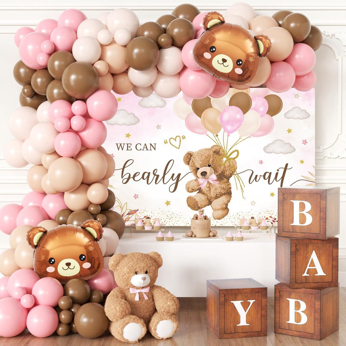 BIENAN pink bear backdrop enhances a charming baby shower photo moment