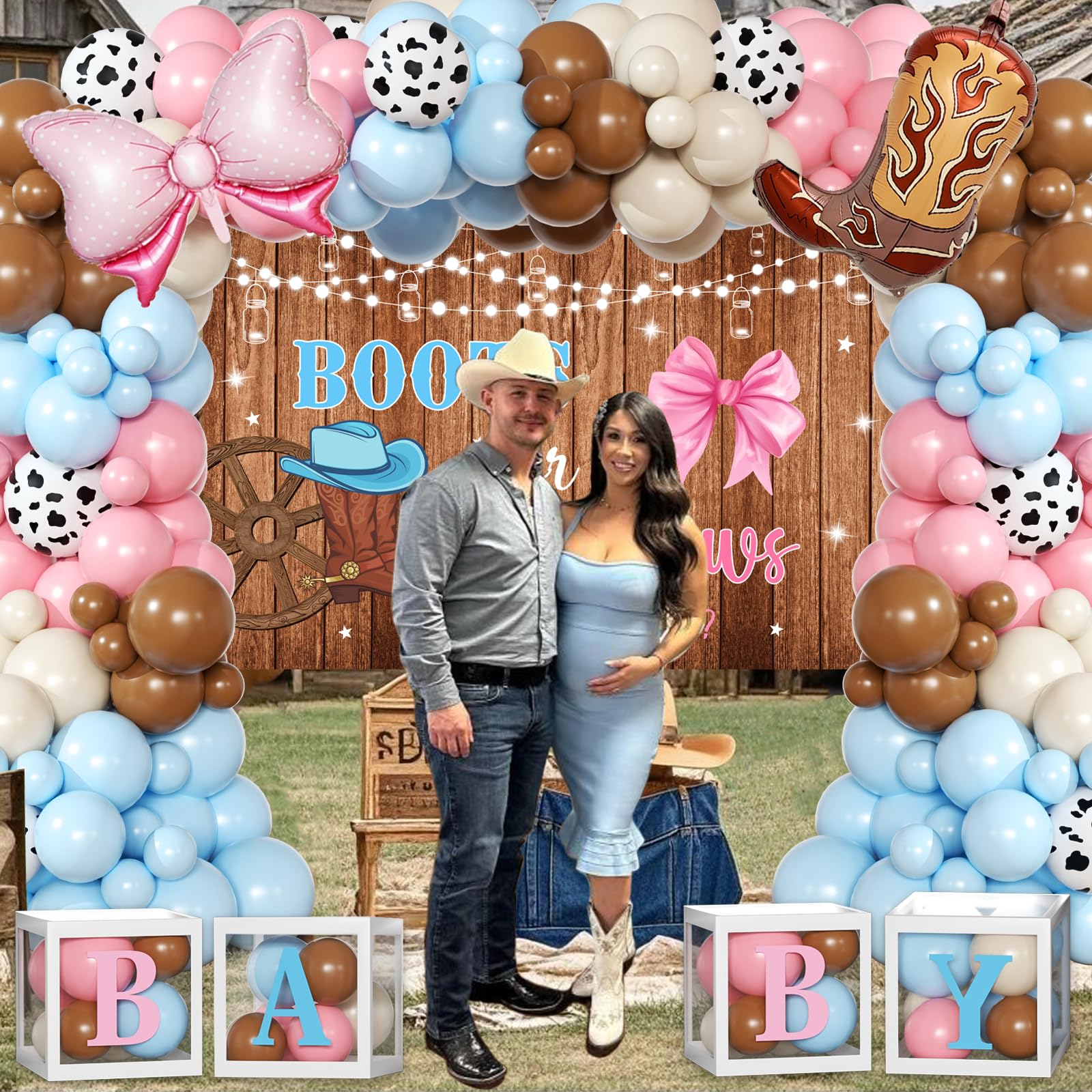 BIENAN pink bow foil balloon accents the reveal moment.