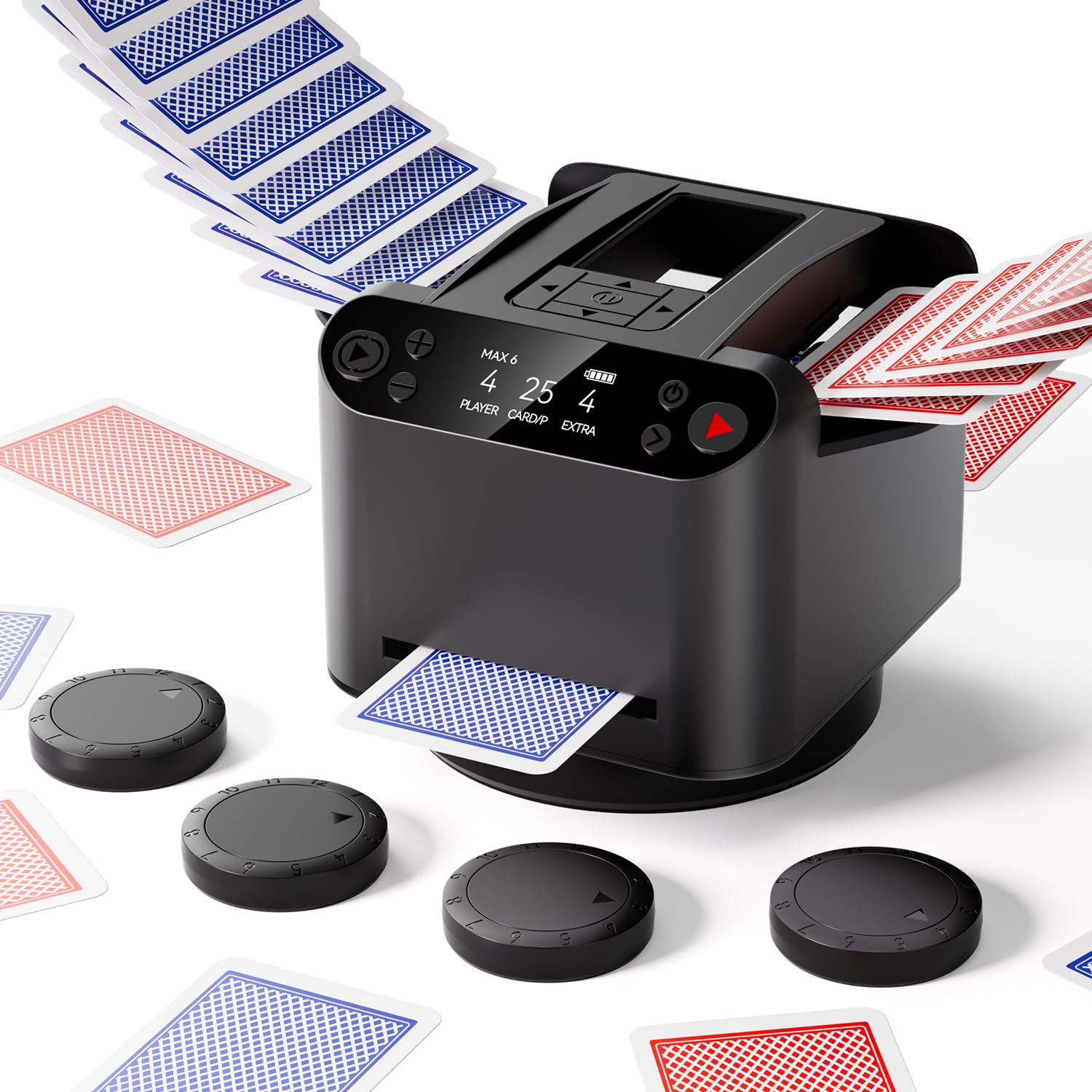 BIFTU automatic card shuffler front view showing compact design for easy setup.