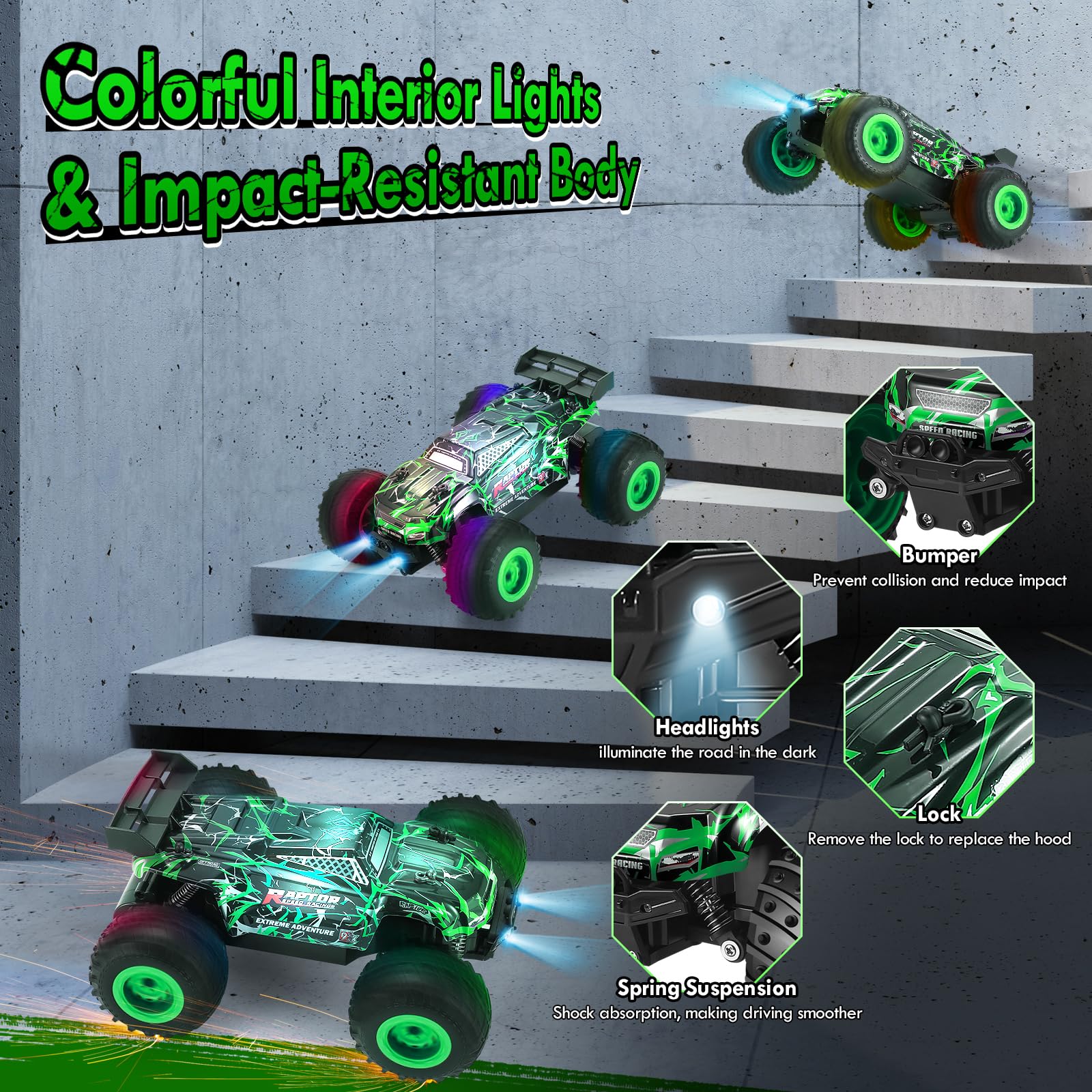 BIFYTON green RC car front bumper highlighting durable build