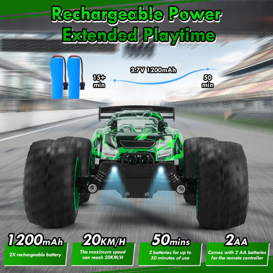BIFYTON RC car green side view showing rugged tires for all-terrain use