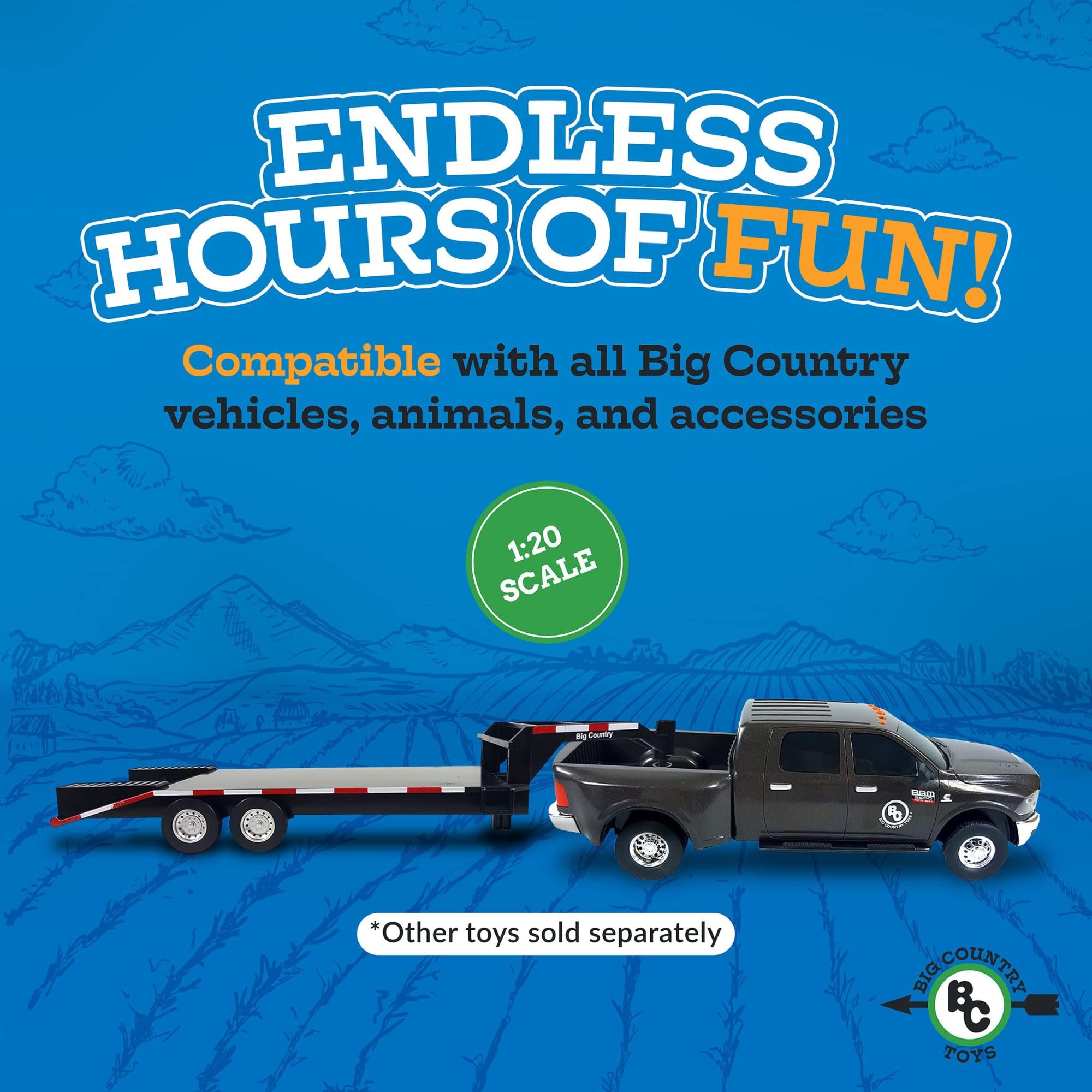 Play scene featuring the Big Country Toys flatbed trailer in action