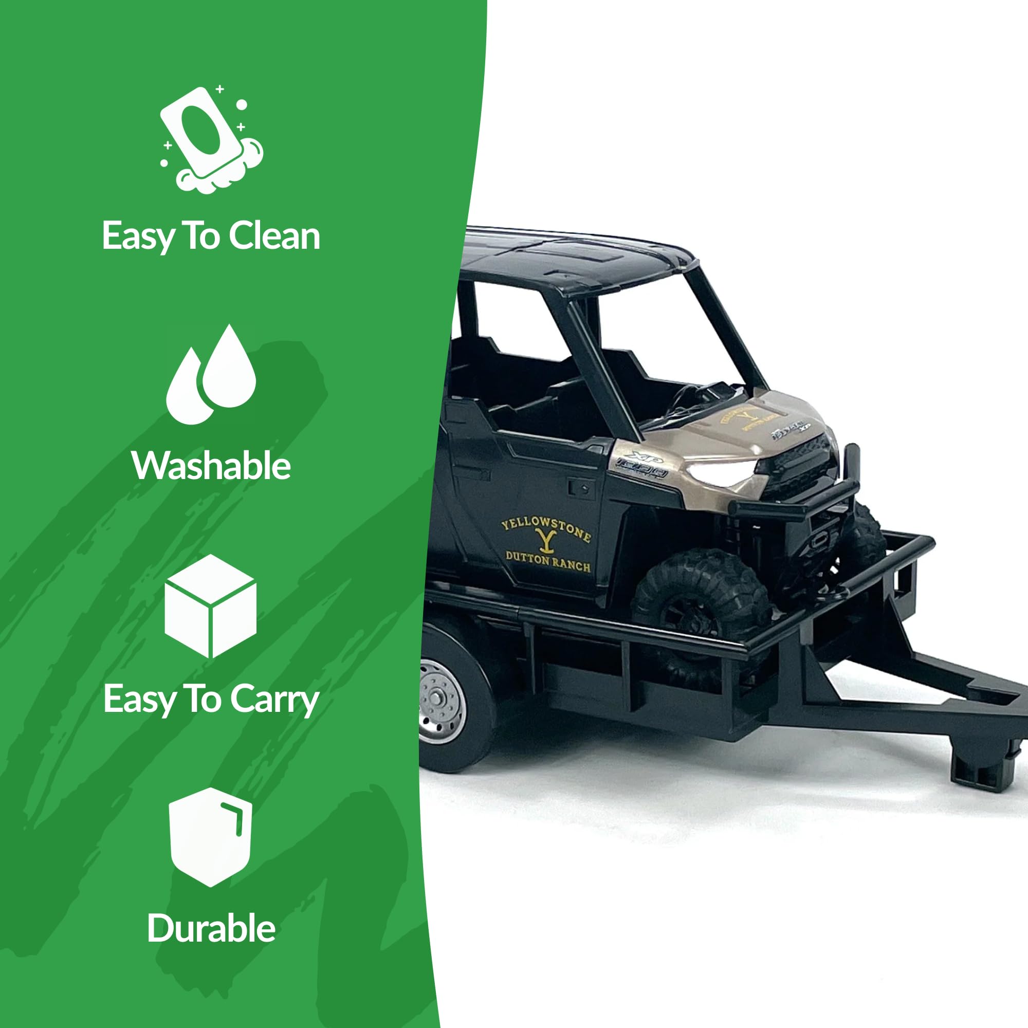 Rip Wheeler Polaris Ranger trailer with gooseneck hitch for versatile shelf display.