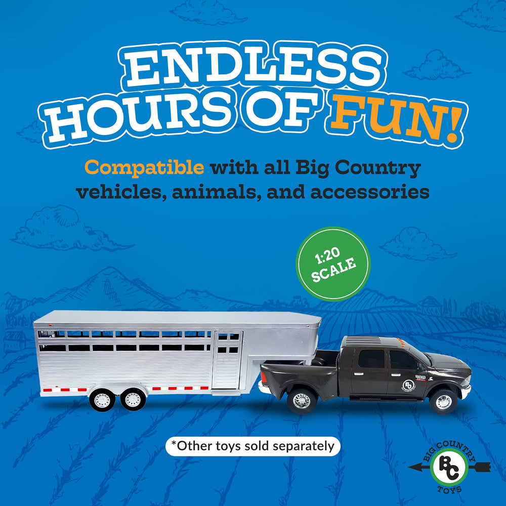 Big Country Toys Sundowner trailer hauls farm animals for imaginative play.