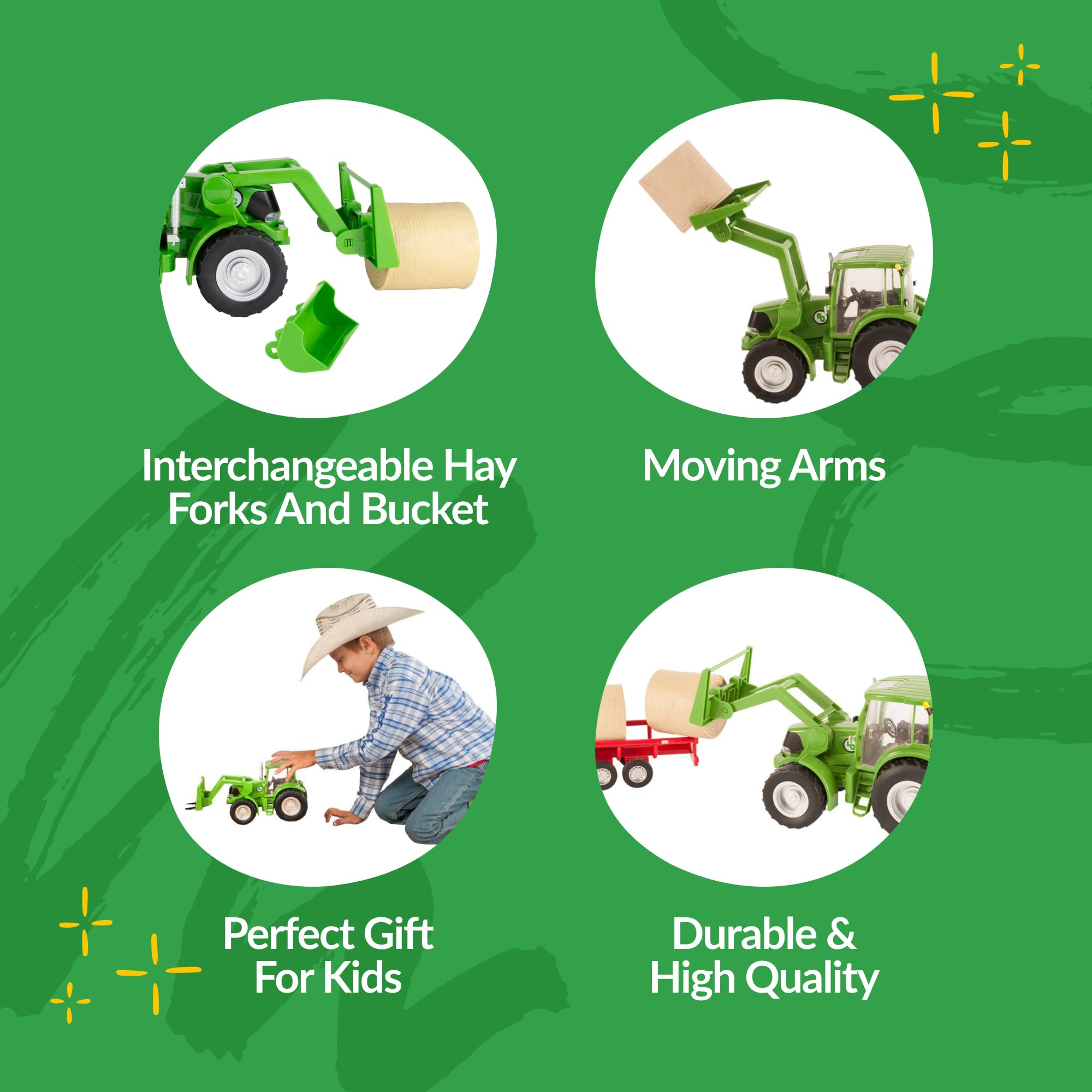 Big Country Toys tractor with hay fork and bucket attachments for versatile play