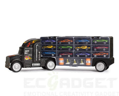 Big Daddy tractor trailer case with six metal cars ready for organized play.