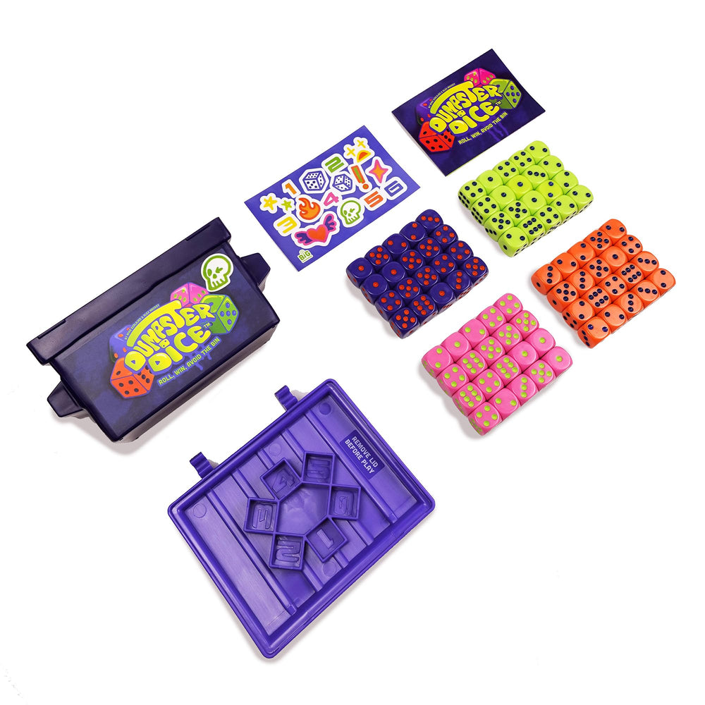 Big Discoveries Dumpster Dice shows the 80 colorful dice for gameplay.