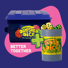 Big Discoveries Dumpster Dice four-player setup ideal for family game night.
