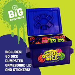 Big Discoveries Dumpster Dice paired with Trash Dice supports up to six players.