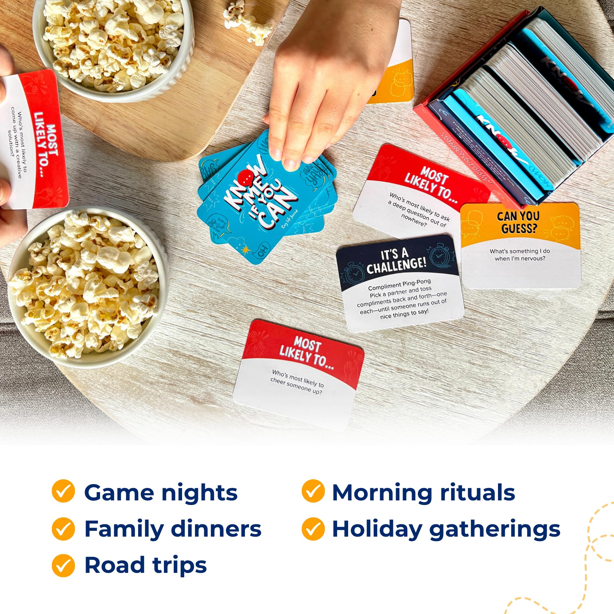 Game night setup of Know Me If You Can shows 160-card deck for family fun.