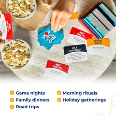 Game night setup of Know Me If You Can shows 160-card deck for family fun.