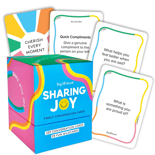 Big Life Journal Sharing Joy cards collection for prompts on family bonding at meals.