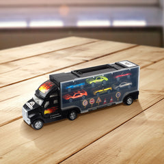 Six metal racing cars fit neatly inside the Big Mo's Toys truck compartment.