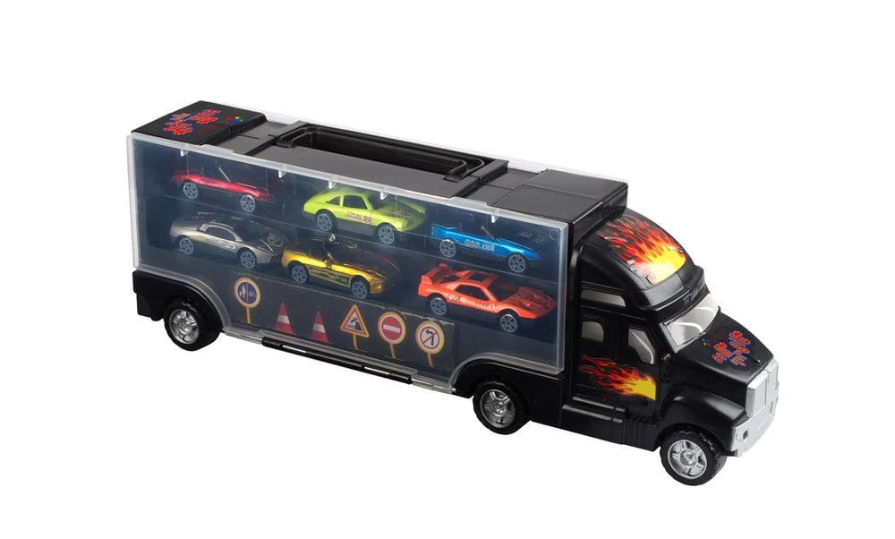 Big Mo's Toys truck with carrying case stores six metal cars securely.