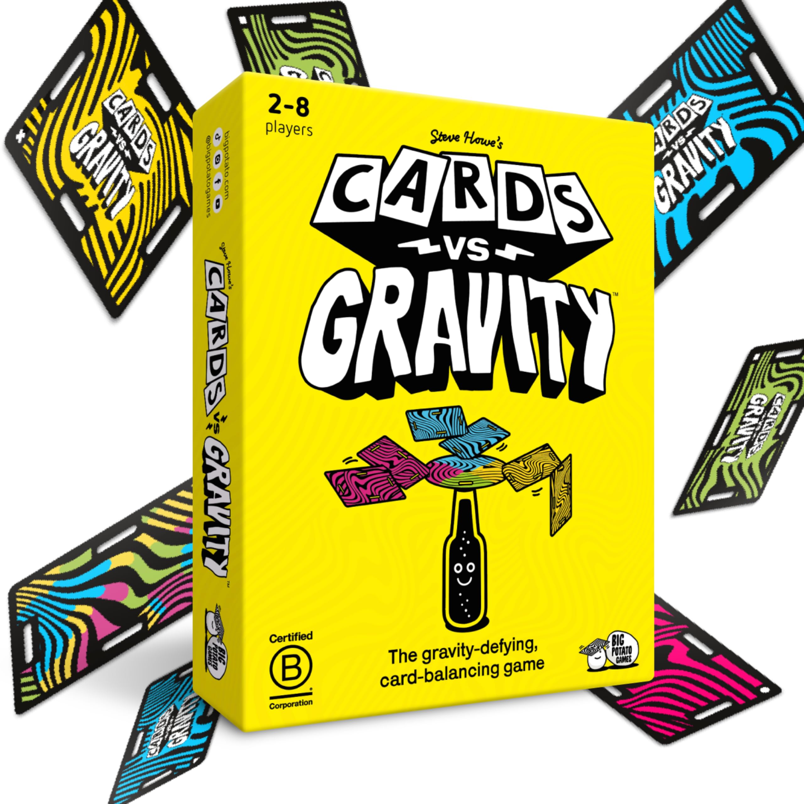 Big Potato Cards vs Gravity bottle-pyramid setup for on-the-go play and family fun.
