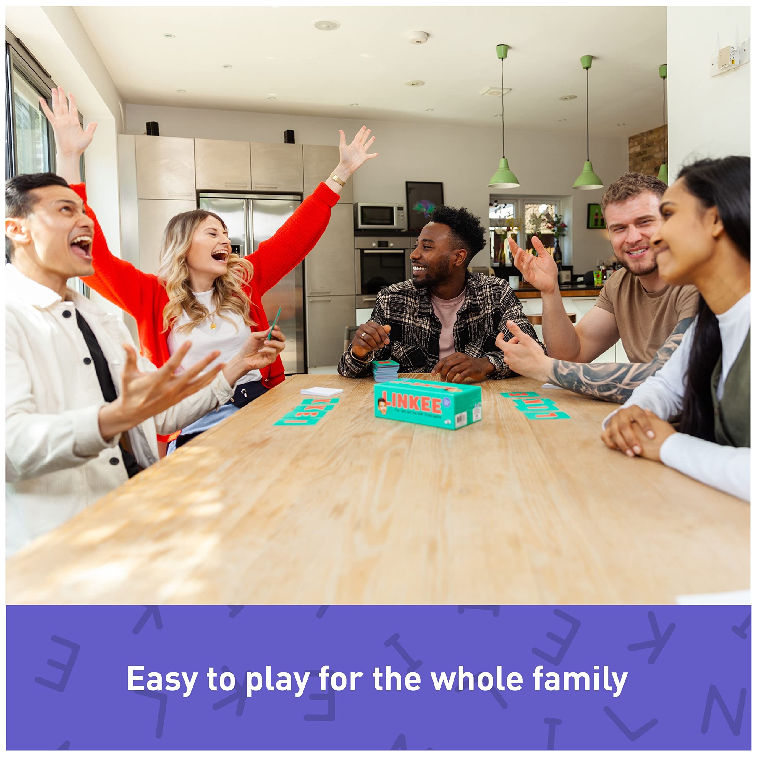 Family game scene captures friends laughing as links are discovered.