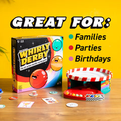Family gathers for a Whirly Derby game night with marbles