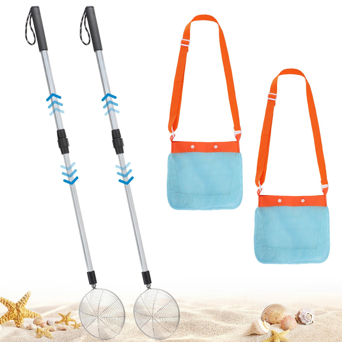 Biggun sand sifter with adjustable length for effortless beach treasure hunting.