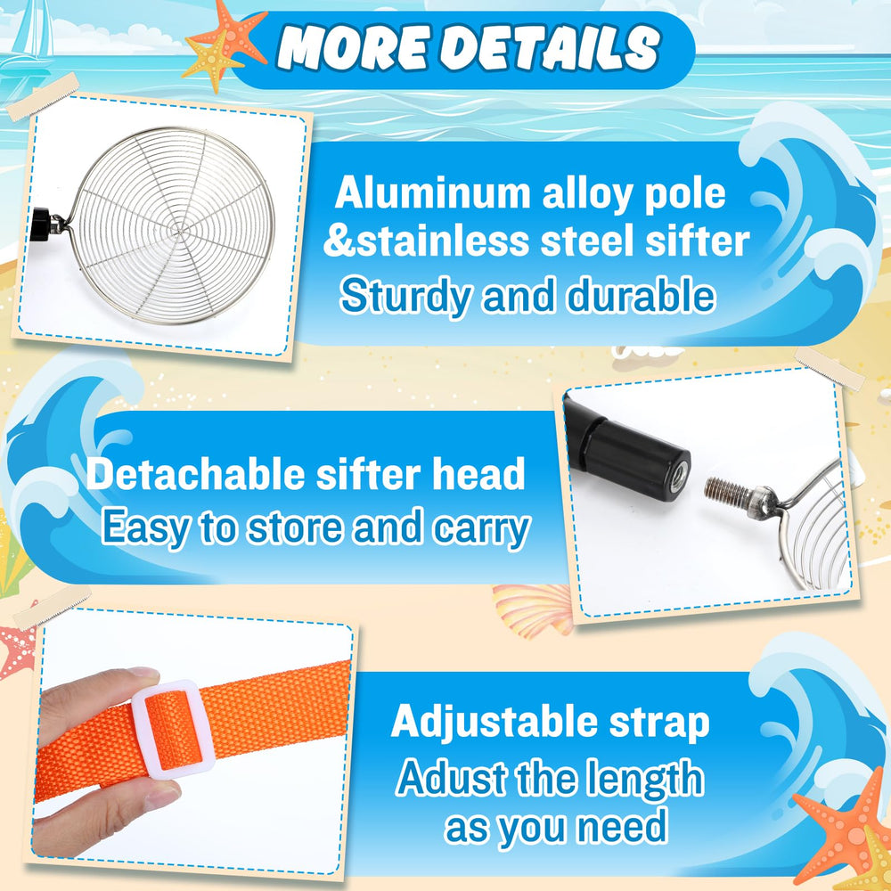 Includes two sifters and two seashell bags for family beach fun.