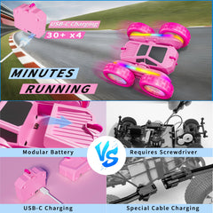BIGRANK RC stunt car with transparent wheel hubs glowing during tricks.