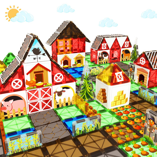 BigShu farm-theme magnetic tiles form a colorful farm scene, fostering color and shape recognition.