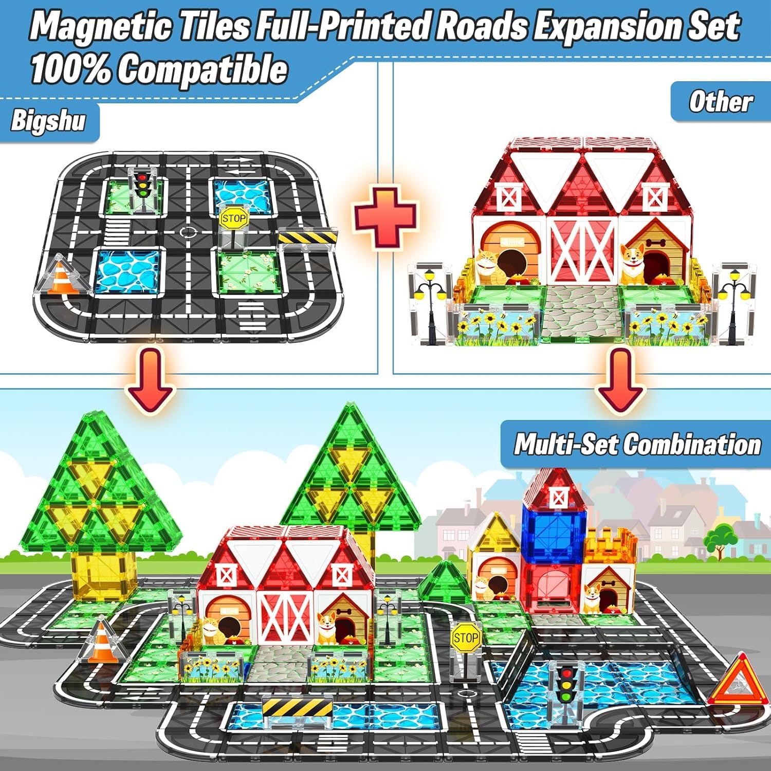 BigShu magnetic tiles grass lake background supports varied city-scape scenes.