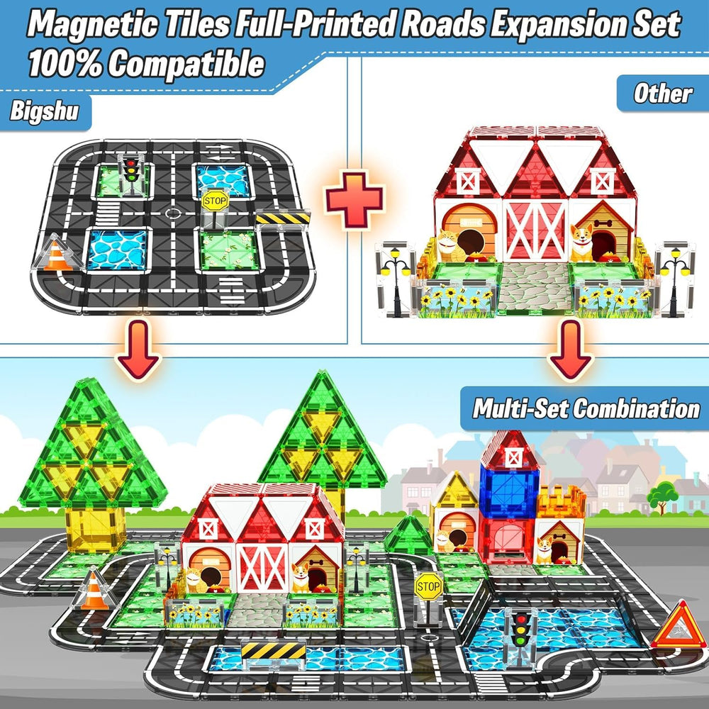 BigShu magnetic tiles grass lake background supports varied city-scape scenes.