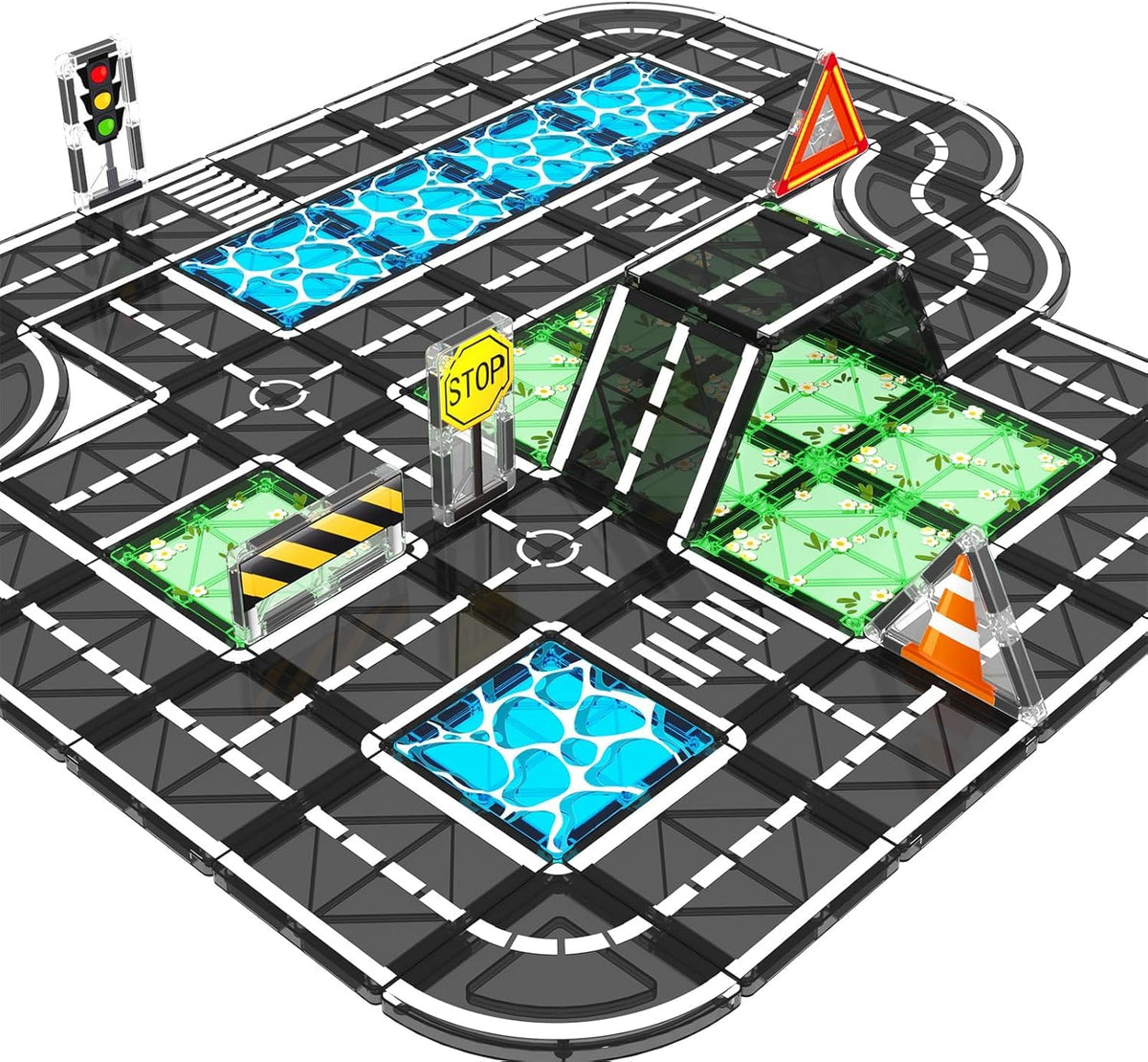 BigShu magnetic tiles roads printed layout promotes creative city-building play.
