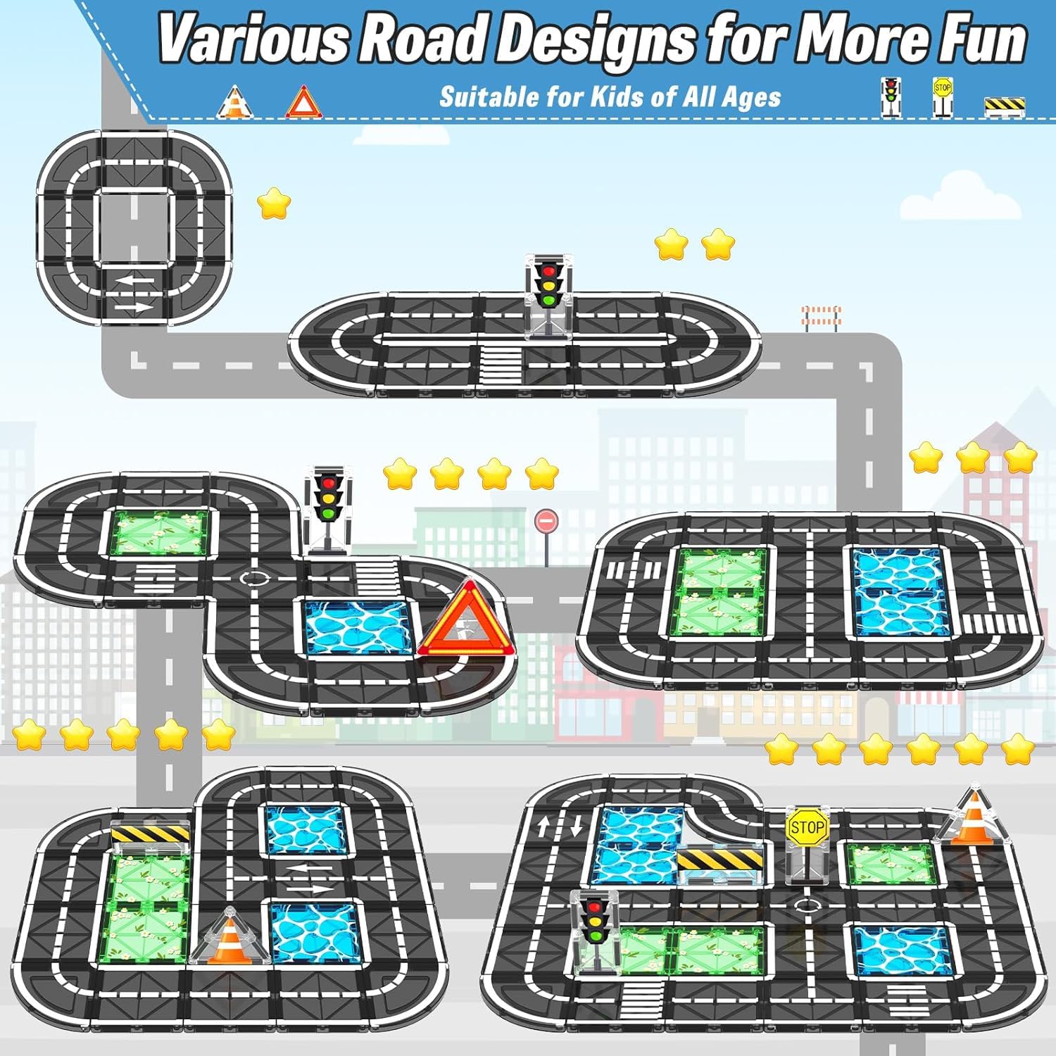 BigShu magnetic tiles traffic signs patterns help kids recognize common road symbols.