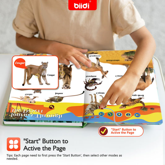 Biidi sound book dinosaur page features vivid sounds that spark imaginative play.