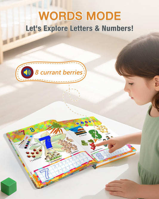 Biidi English interactive sound book pages open showing exploration of letters and numbers.