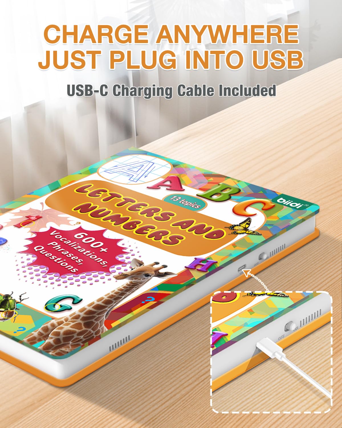 Biidi USB-C charging port powering screen-free play.