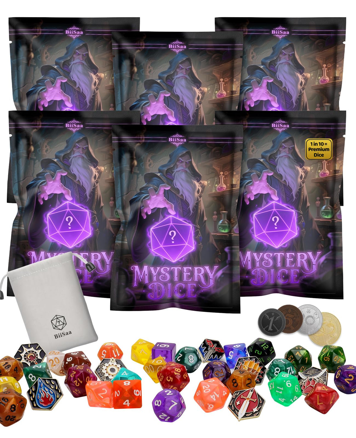 BiiSaa DND mystery dice bundle with six blind bags for exciting loot.