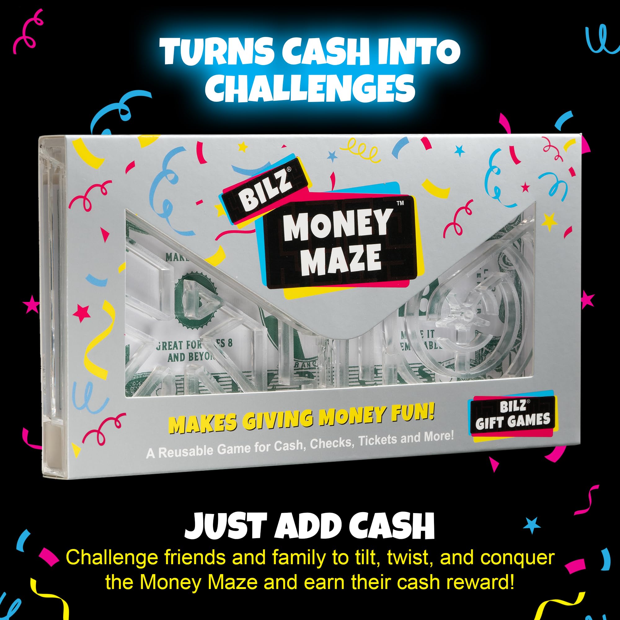BILZ Money Maze envelope flap open shows the surprise reveal.