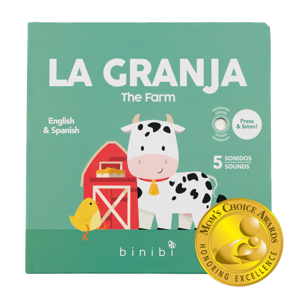 Binibi La Granja sound book cover inviting toddlers to start bilingual learning with farm sounds.