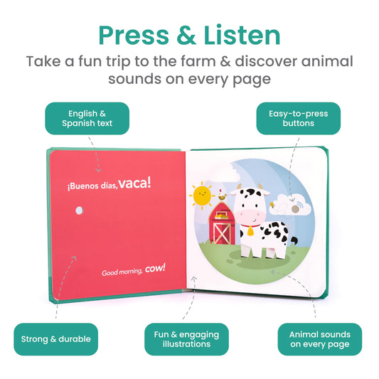 Binibi La Granja cow page with sound button reinforces Spanish-English farm vocabulary.