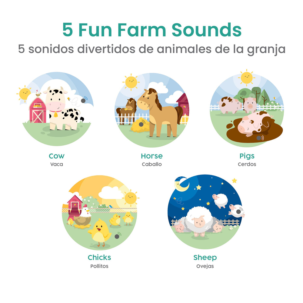 Binibi La Granja horse page plays audio cues to practice animal names in two languages.