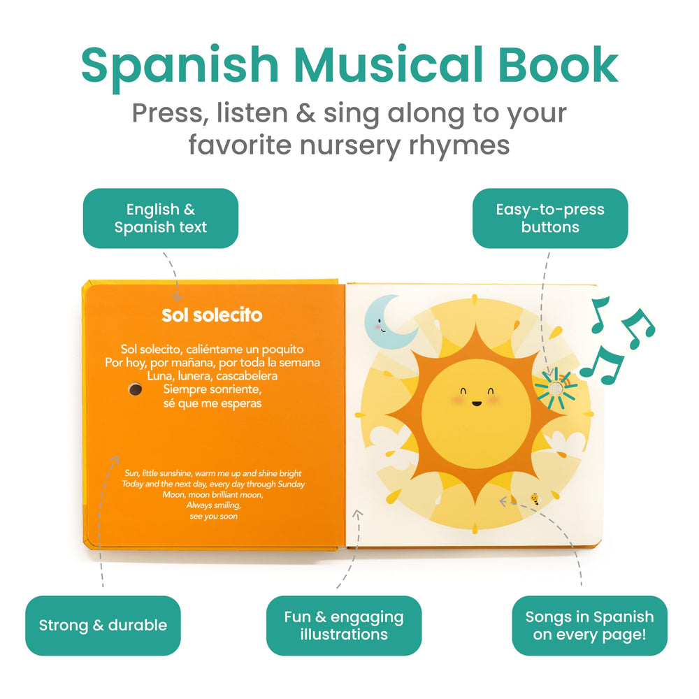 Binibi colorful nursery rhyme illustration with English and Spanish lyrics.