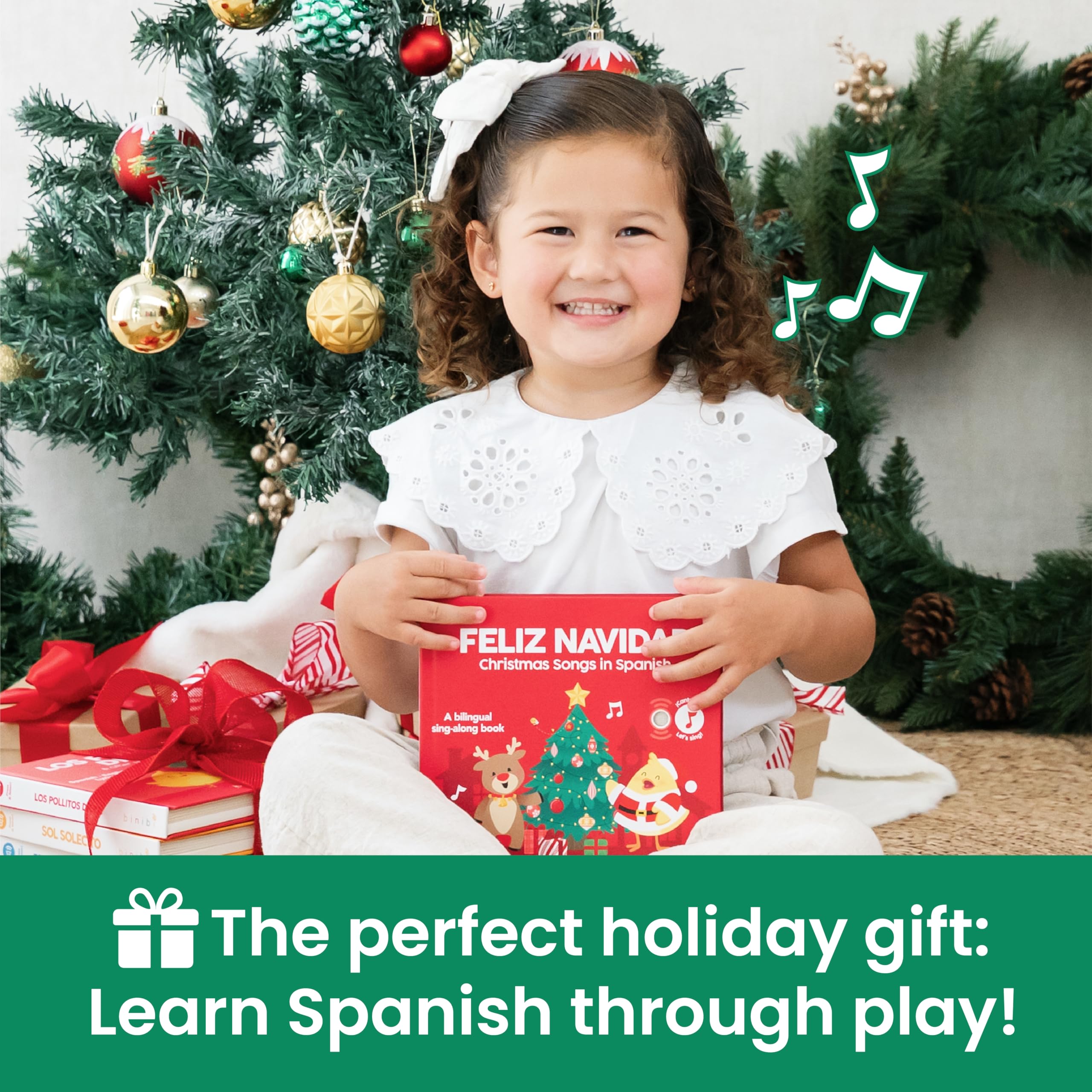 Binibi Spanish Musical Book illustrations show vibrant holiday scenes supporting sensory growth.