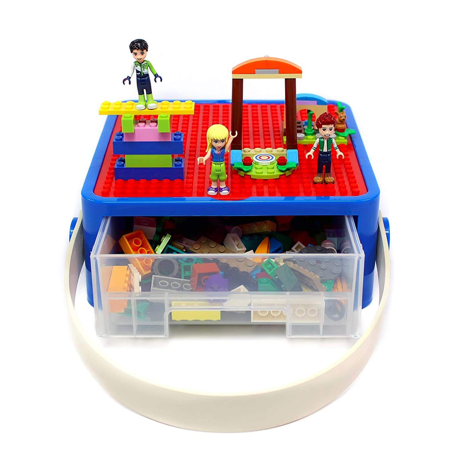 Bins & Things Bin Box with built-in lid, blue and red, ideal for travel toy storage.