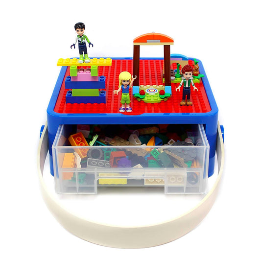 Bins & Things Bin Box with built-in lid, blue and red, ideal for travel toy storage.