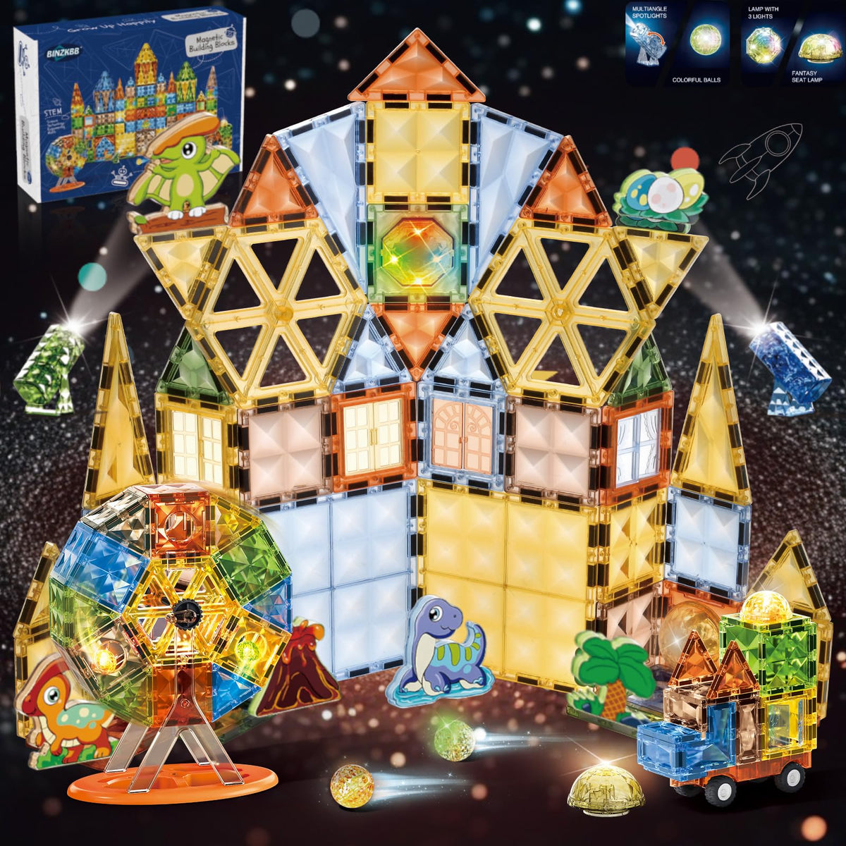 BINZKBB magnetic tiles 110pcs set with lighted blocks for creative play