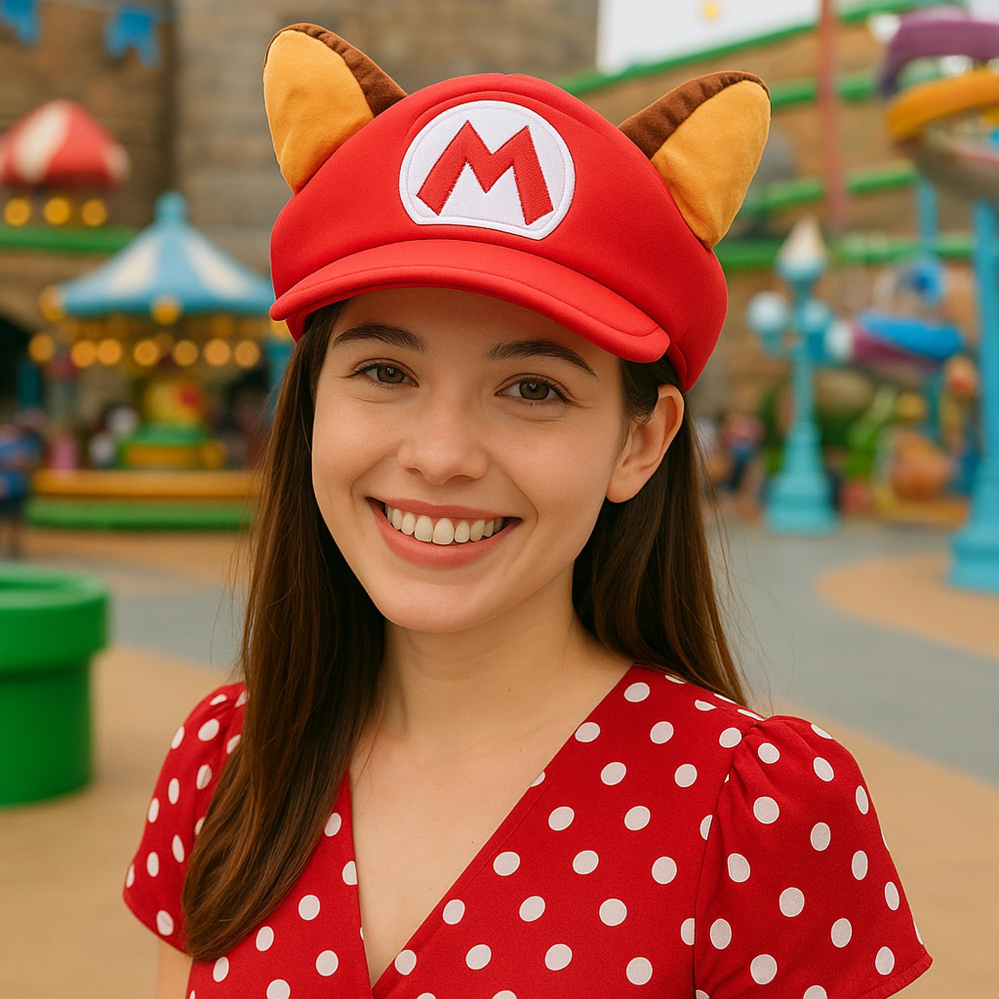 Bioworld Super Mario raccoon hat worn for photo-ready cosplay.
