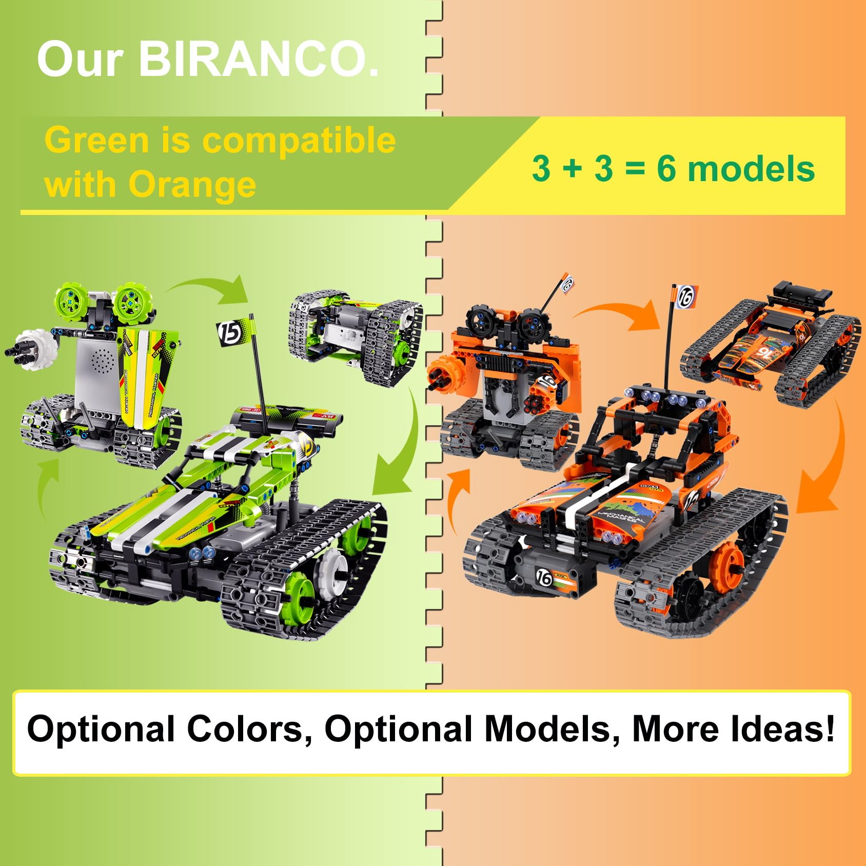 BIRANCO 3-in-1 kit unboxing showing colorful parts and potential builds.