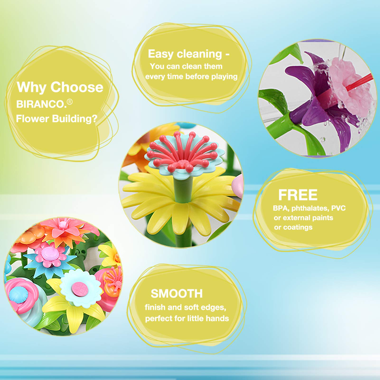 BIRANCO Flower Garden Building Set comes with a storage tray for quick cleanup after play.