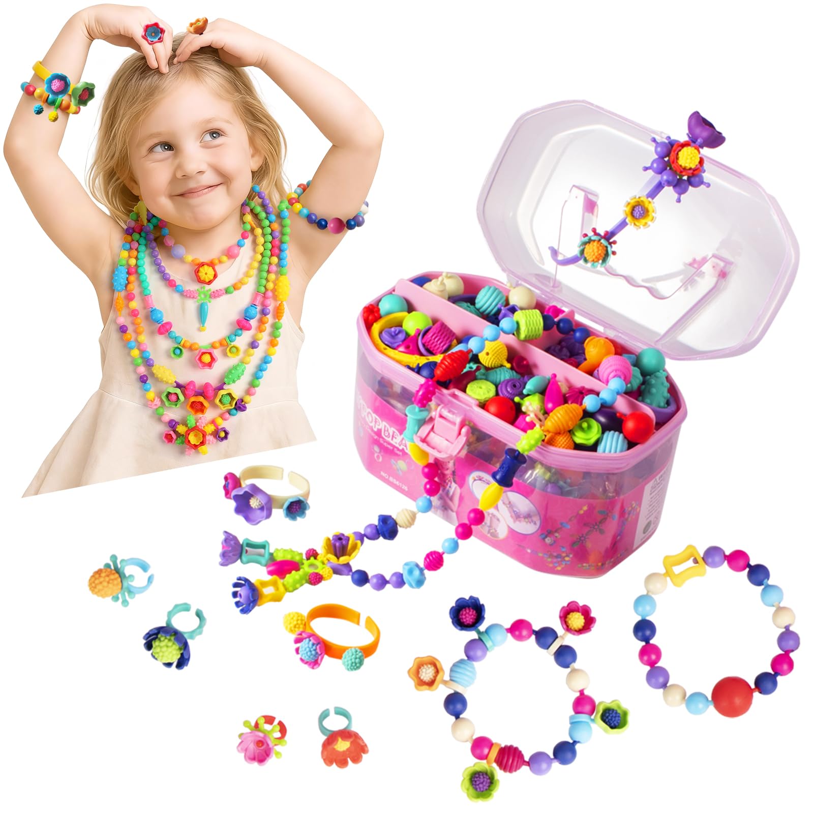 Biranco Pop Beads kit close-up of colorful bead shapes ready for jewelry making.