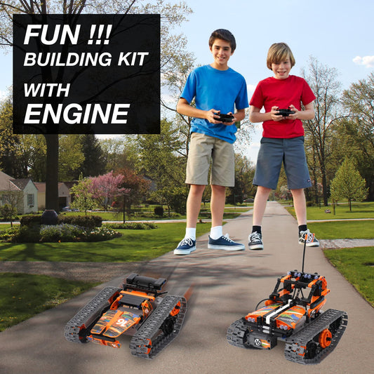 BIRANCO RC tank side view emphasizes sturdy tracks for smooth on-table driving.