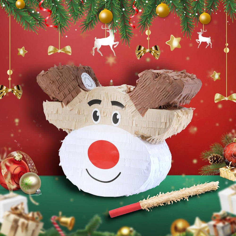 Birchio Christmas Reindeer Pinata close-up showing durable cardboard and festive crepe paper.